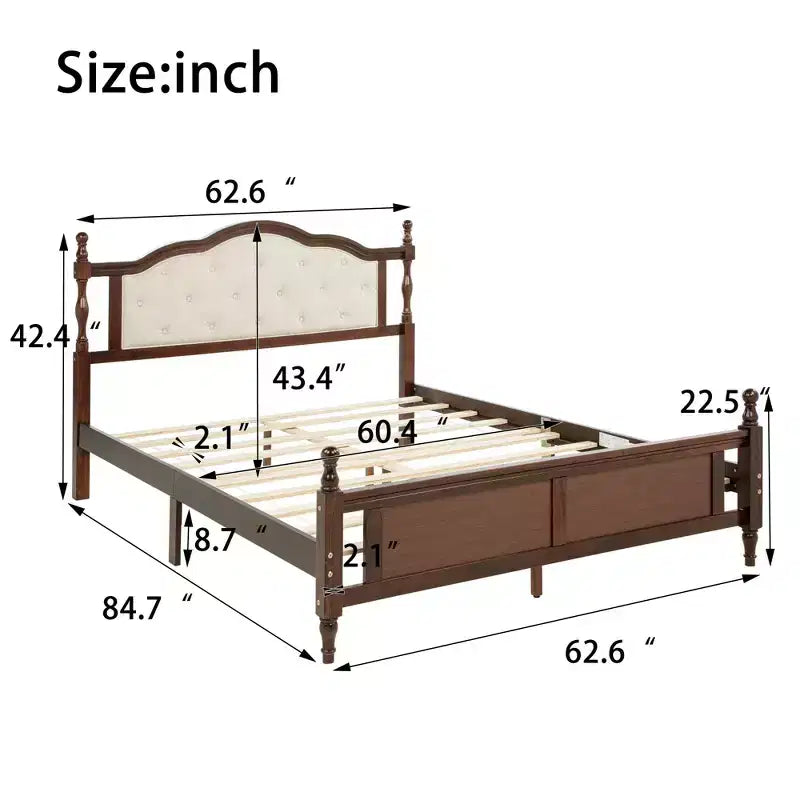 Letto a piattaforma Queen Pine in legno con pediera a pannelli, marrone