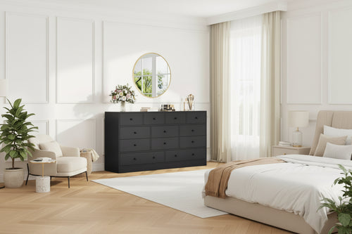 12 Drawer Dresser for Bedroom with Power Outlet, 61 Inch Wooden Storage Cabinet for Bedroom, Closet, or Living Room
