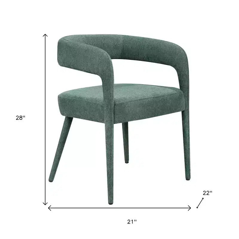 Set di due sedie da pranzo laterali in lino verde imbottito con schienale aperto, senza braccioli, struttura in metallo