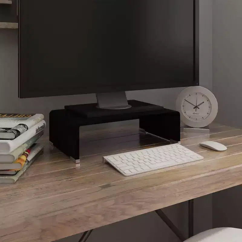 Supporto TV e Rialzo Monitor in Vetro Temperato Nero, 15.7"L x 39.4"P x 4.3"H