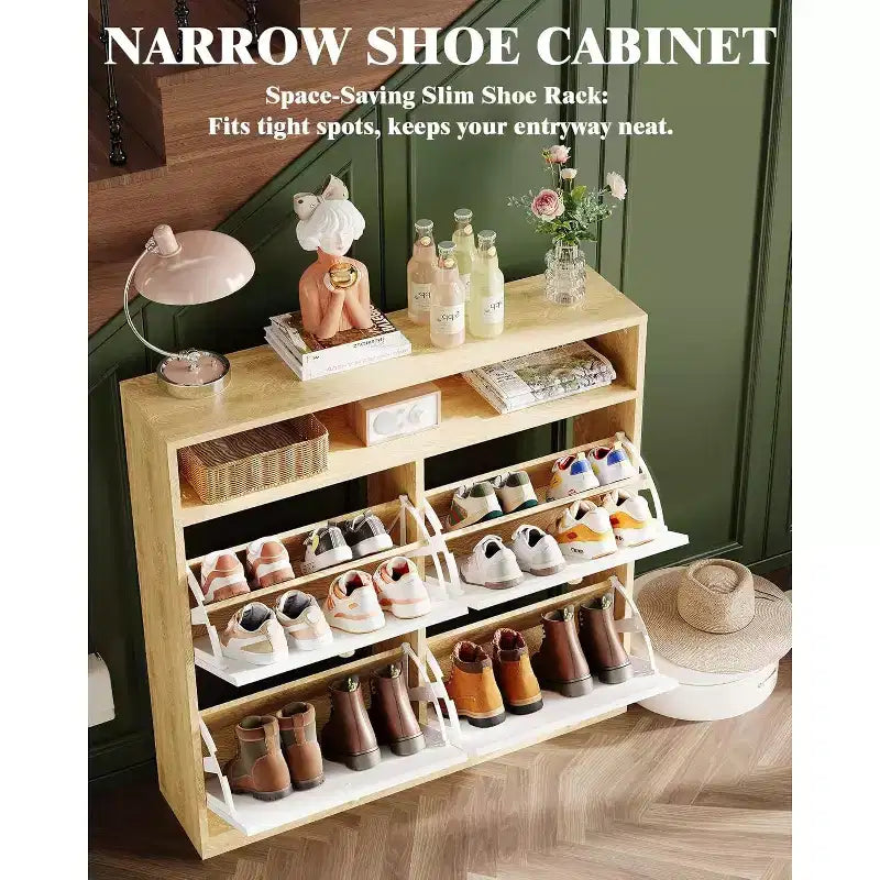 Scarpiera stretta con 4 cassetti a ribalta e ripiano aperto, organizer per scarpe indipendente in legno per ingresso/corridoio