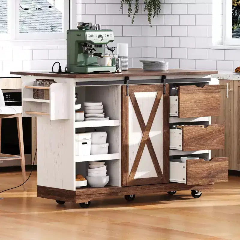 Carrello da Cucina con Ruote da Fattoria con Ribalta, Ante a Scorrimento e Presa Elettrica, Isola da Cucina per la Casa