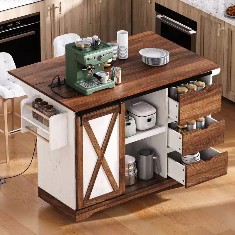 Carrello da Cucina con Ruote da Fattoria con Ribalta, Ante a Scorrimento e Presa Elettrica, Isola da Cucina per la Casa