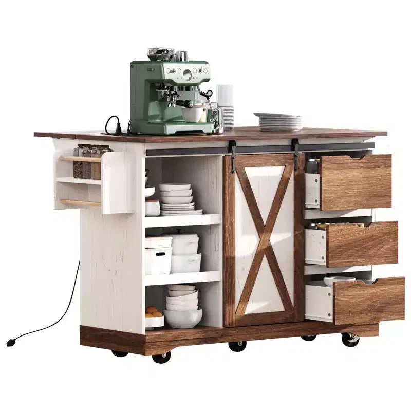 Carrello da Cucina con Ruote da Fattoria con Ribalta, Ante a Scorrimento e Presa Elettrica, Isola da Cucina per la Casa
