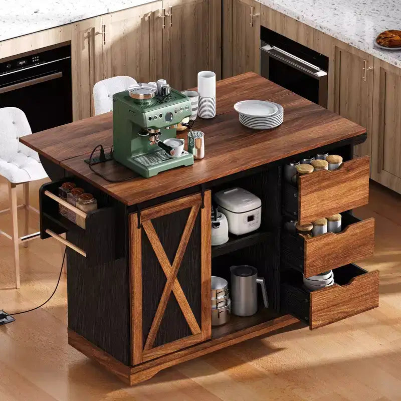 Carrello da Cucina con Ruote da Fattoria con Ribalta, Ante a Scorrimento e Presa Elettrica, Isola da Cucina per la Casa