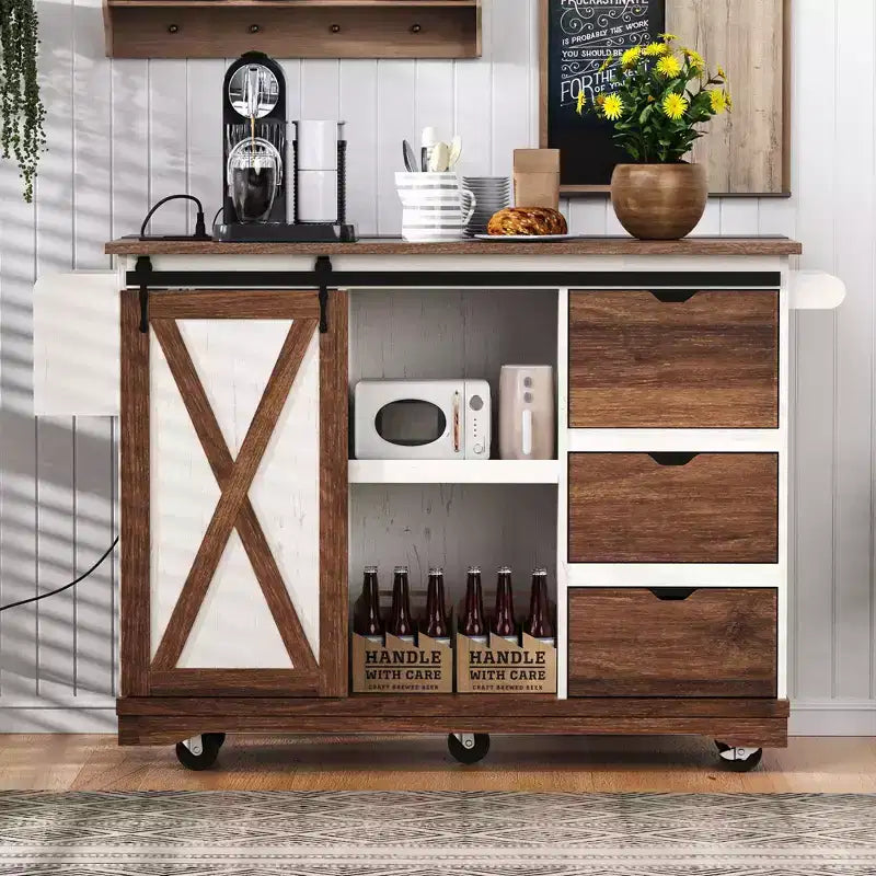Carrello da Cucina con Ruote da Fattoria con Ribalta, Ante a Scorrimento e Presa Elettrica, Isola da Cucina per la Casa