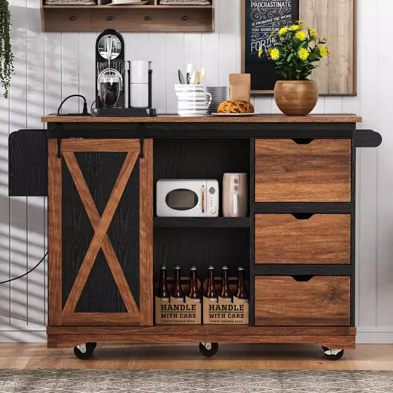 Carrello da Cucina con Ruote da Fattoria con Ribalta, Ante a Scorrimento e Presa Elettrica, Isola da Cucina per la Casa