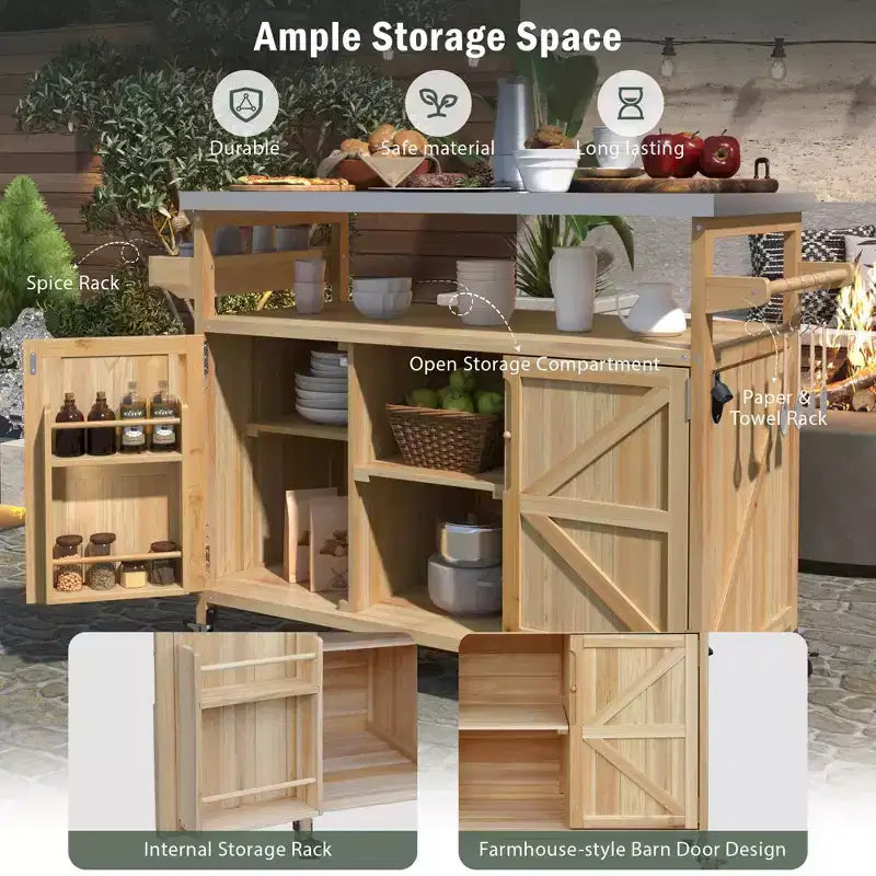 Isola da cucina per esterni con piano griglia in acciaio e ripiano, carrello bar in legno massello con ruote bloccabili per giardino e barbecue