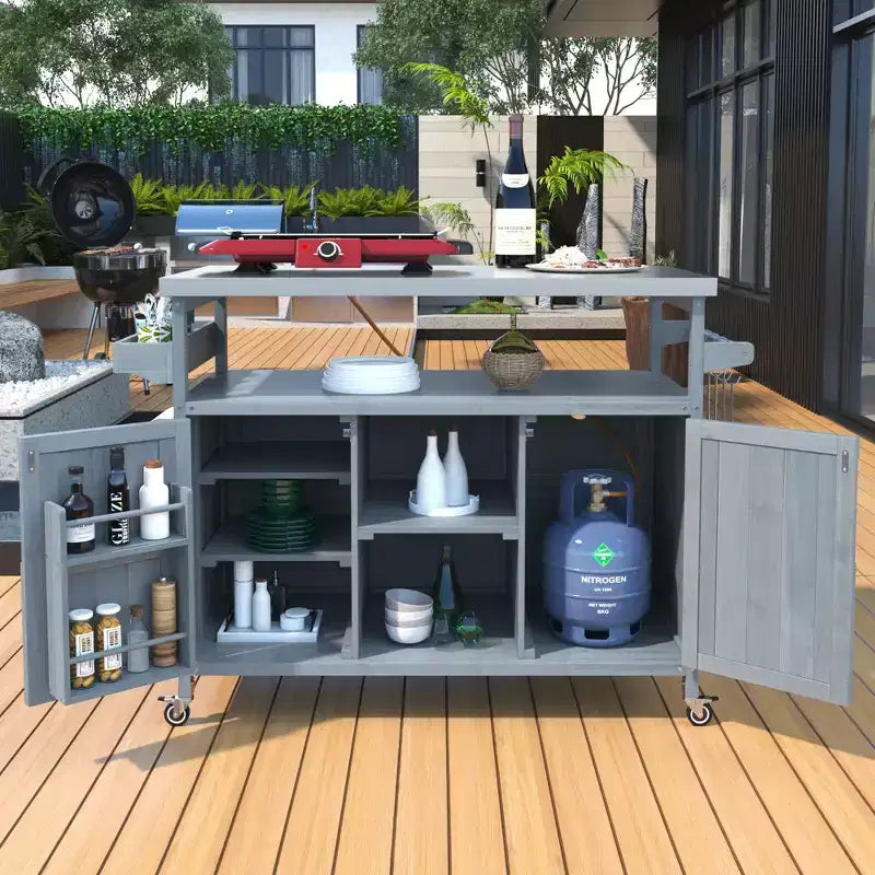 Isola da cucina per esterni con piano griglia in acciaio e ripiano, carrello bar in legno massello con ruote bloccabili per giardino e barbecue