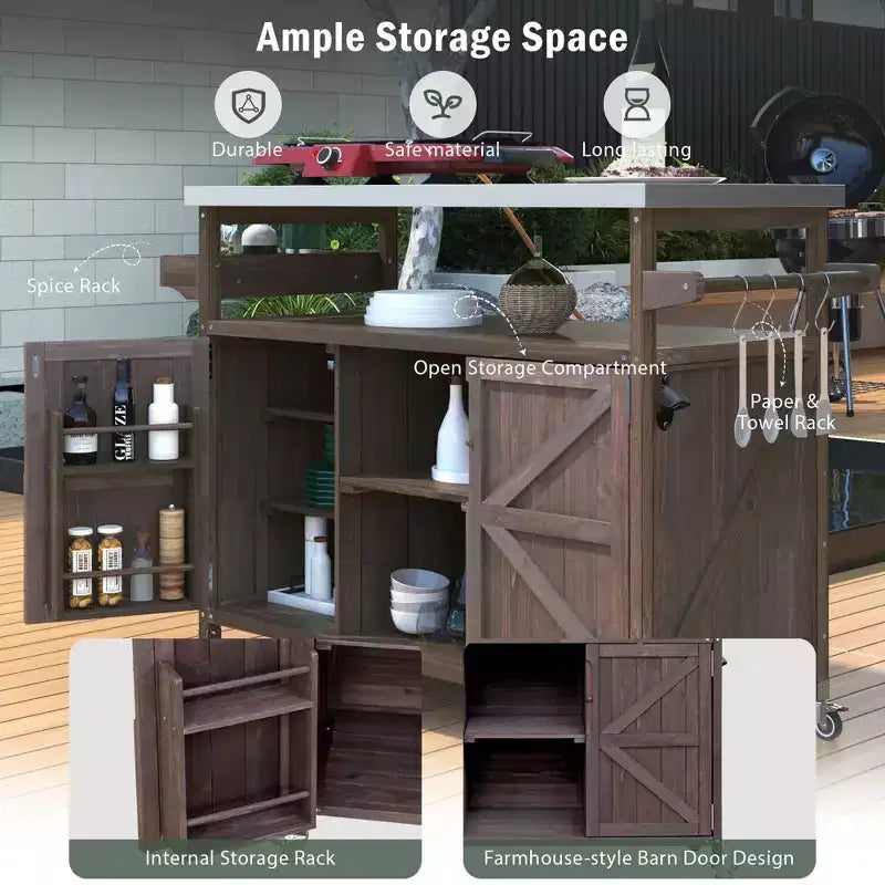 Isola da cucina per esterni con piano griglia in acciaio e ripiano, carrello bar in legno massello con ruote bloccabili per giardino e barbecue