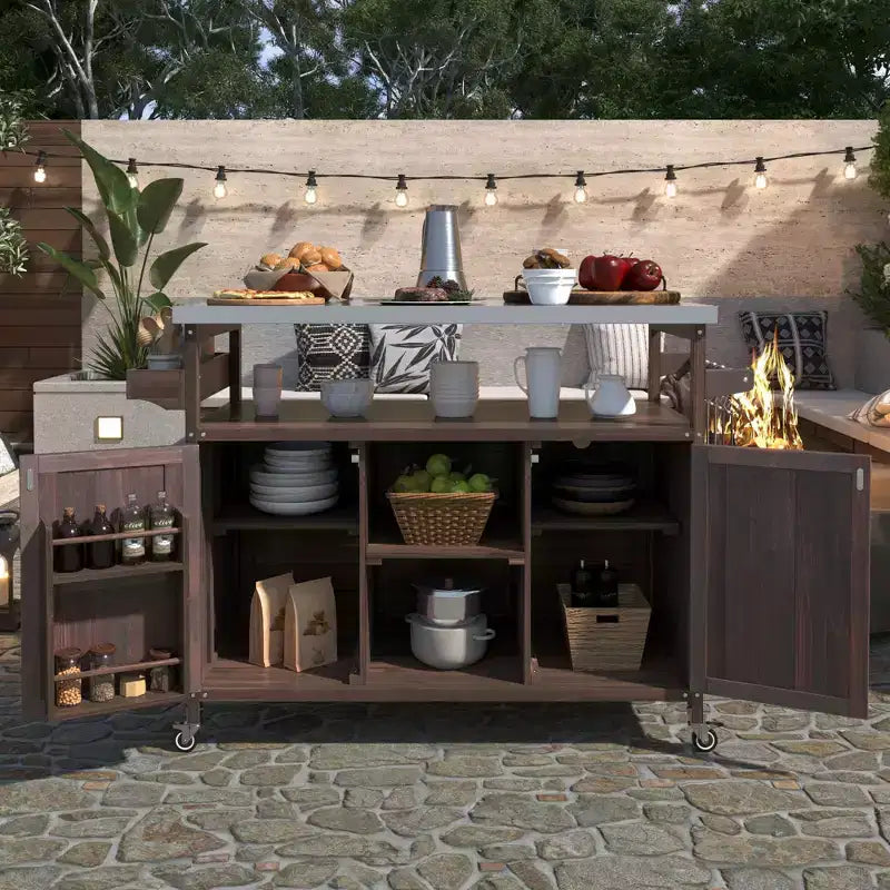 Isola da cucina per esterni con piano griglia in acciaio e ripiano, carrello bar in legno massello con ruote bloccabili per giardino e barbecue
