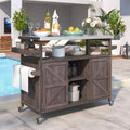 Isola da cucina per esterni con piano griglia in acciaio e ripiano, carrello bar in legno massello con ruote bloccabili per giardino e barbecue