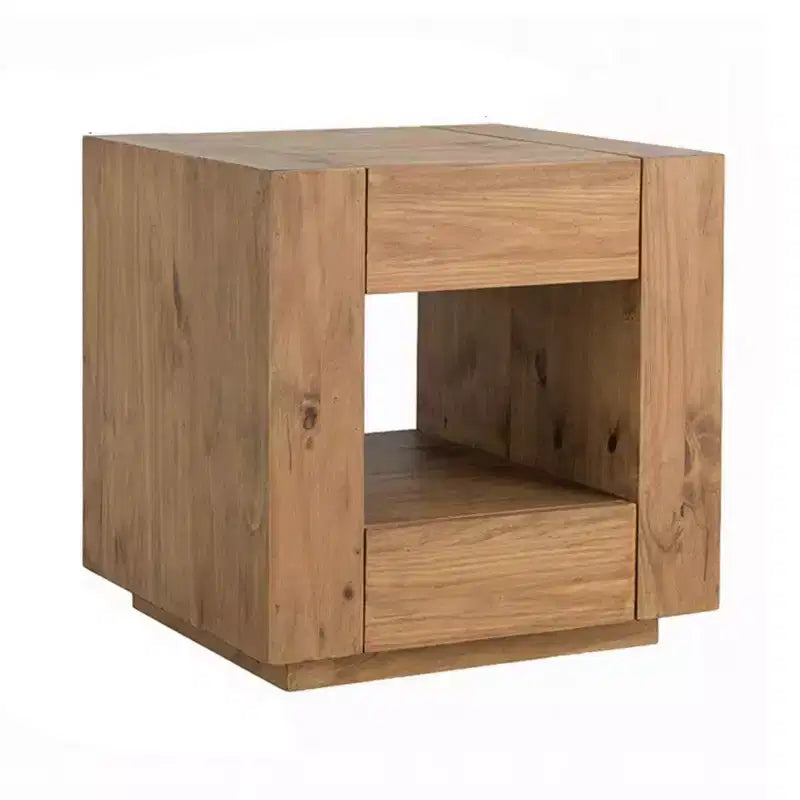 Tavolino quadrato in legno con cassetto e ripiano aperto