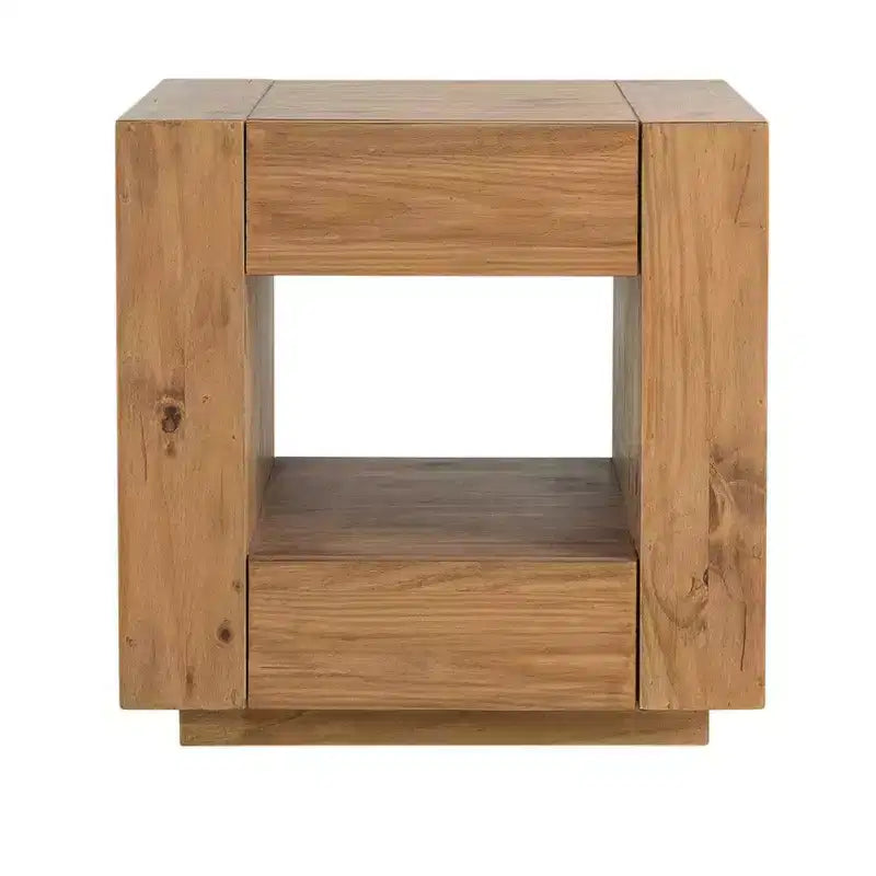 Tavolino quadrato in legno con cassetto e ripiano aperto