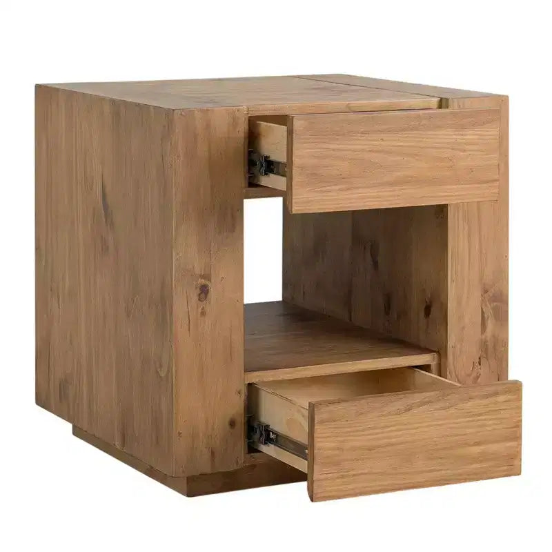 Tavolino quadrato in legno con cassetto e ripiano aperto