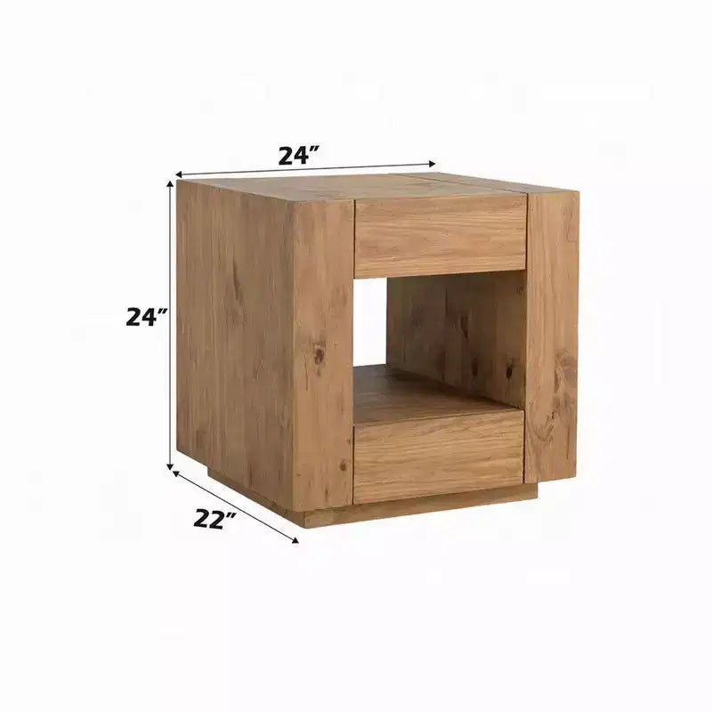 Tavolino quadrato in legno con cassetto e ripiano aperto