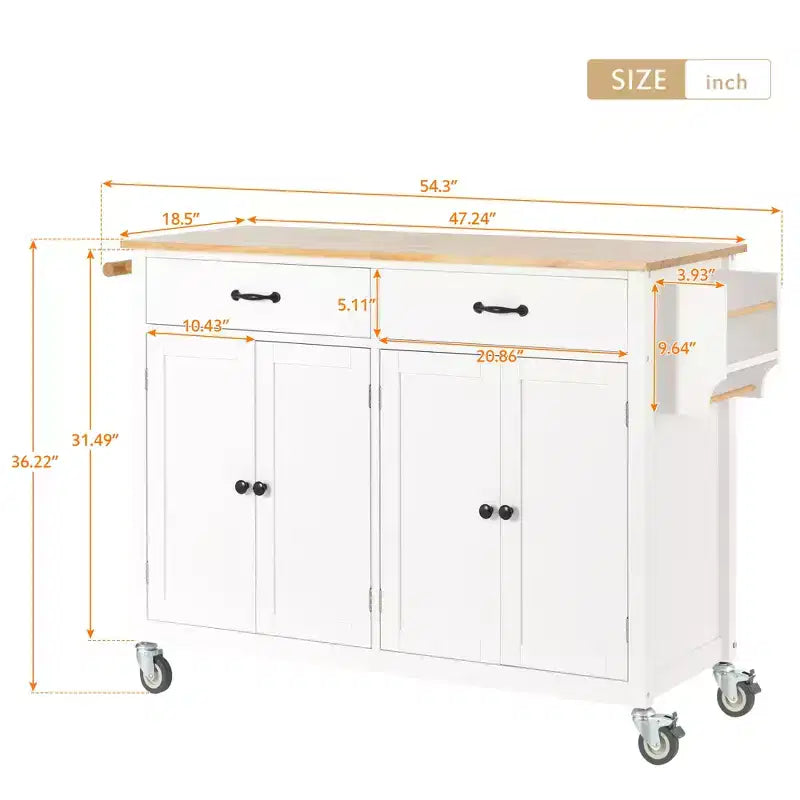 Carrello da Cucina Isola con Top in Legno Massello – 137 cm Larghezza, Armadietto a 4 Ante, 2 Cassetti, Ruote Bloccabili, Bianco