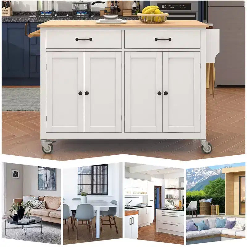 Carrello da Cucina Isola con Top in Legno Massello – 137 cm Larghezza, Armadietto a 4 Ante, 2 Cassetti, Ruote Bloccabili, Bianco