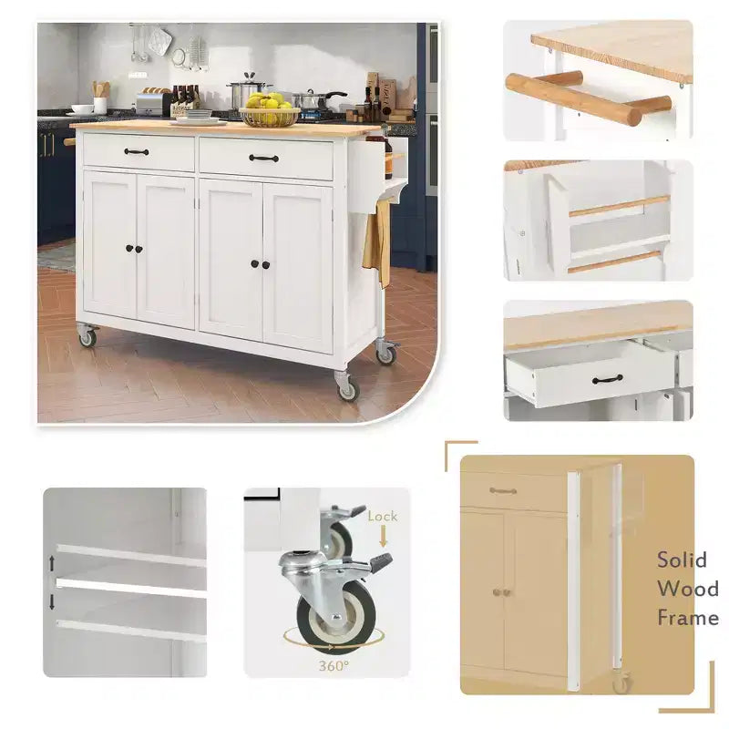 Carrello da Cucina Isola con Top in Legno Massello – 137 cm Larghezza, Armadietto a 4 Ante, 2 Cassetti, Ruote Bloccabili, Bianco
