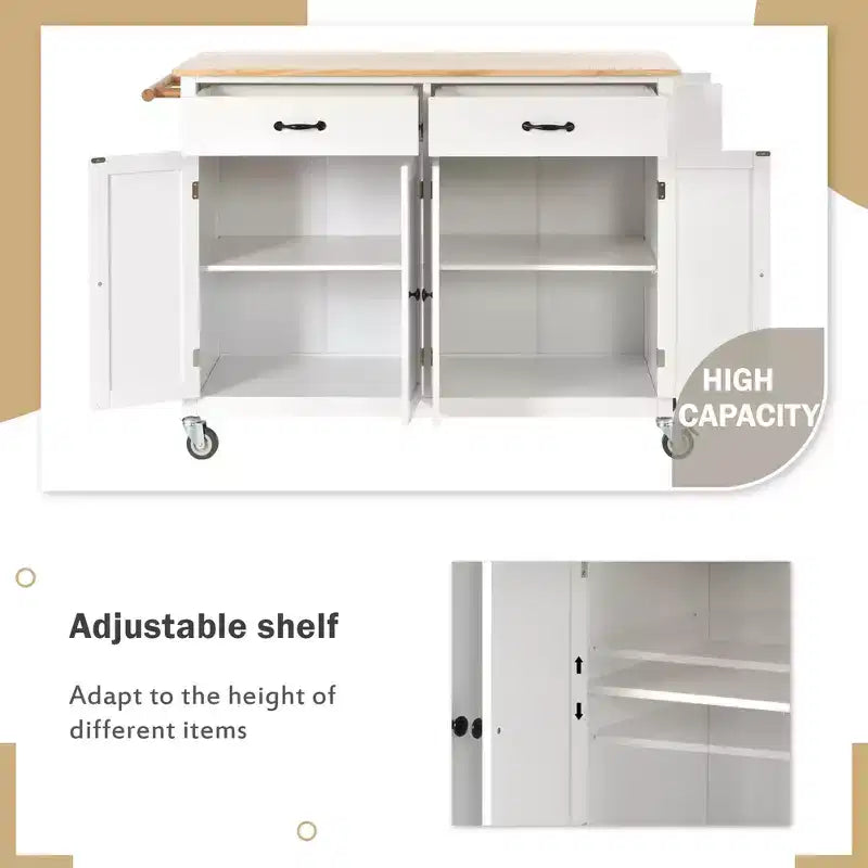Carrello da Cucina Isola con Top in Legno Massello – 137 cm Larghezza, Armadietto a 4 Ante, 2 Cassetti, Ruote Bloccabili, Bianco