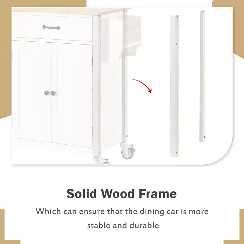 Carrello da Cucina Isola con Top in Legno Massello – 137 cm Larghezza, Armadietto a 4 Ante, 2 Cassetti, Ruote Bloccabili, Bianco