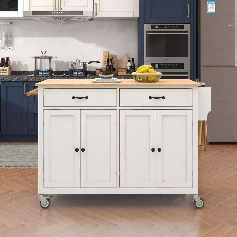 Carrello da Cucina Isola con Top in Legno Massello – 137 cm Larghezza, Armadietto a 4 Ante, 2 Cassetti, Ruote Bloccabili, Bianco