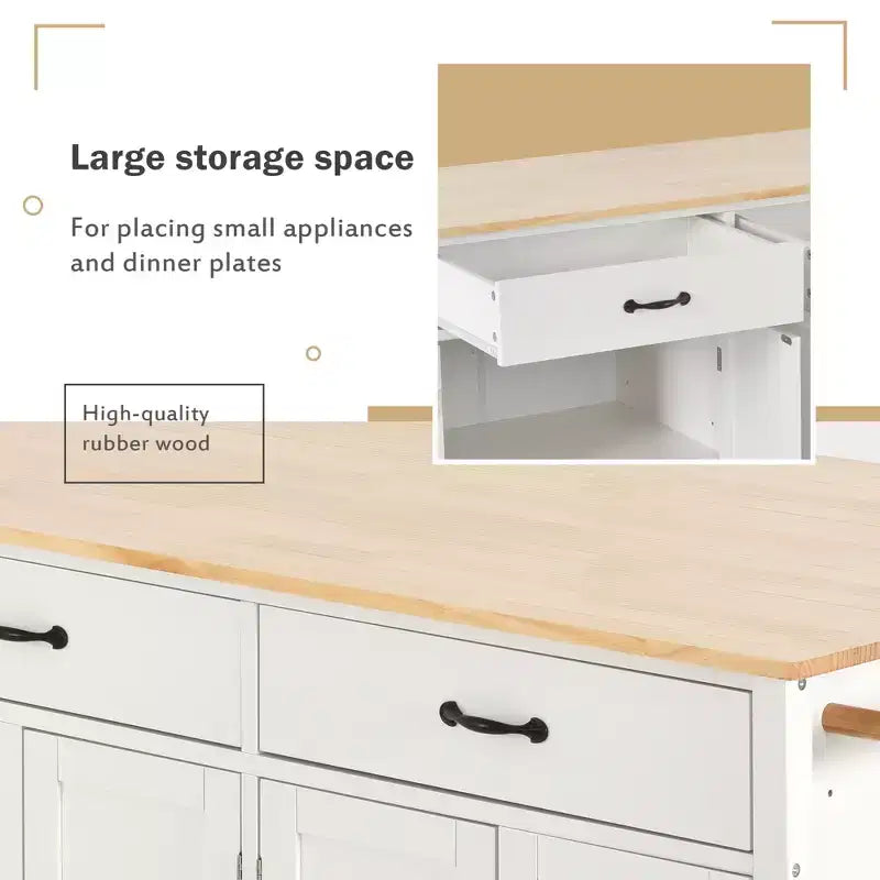 Carrello da Cucina Isola con Top in Legno Massello – 137 cm Larghezza, Armadietto a 4 Ante, 2 Cassetti, Ruote Bloccabili, Bianco
