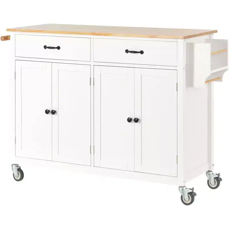 Carrello da Cucina Isola con Top in Legno Massello – 137 cm Larghezza, Armadietto a 4 Ante, 2 Cassetti, Ruote Bloccabili, Bianco