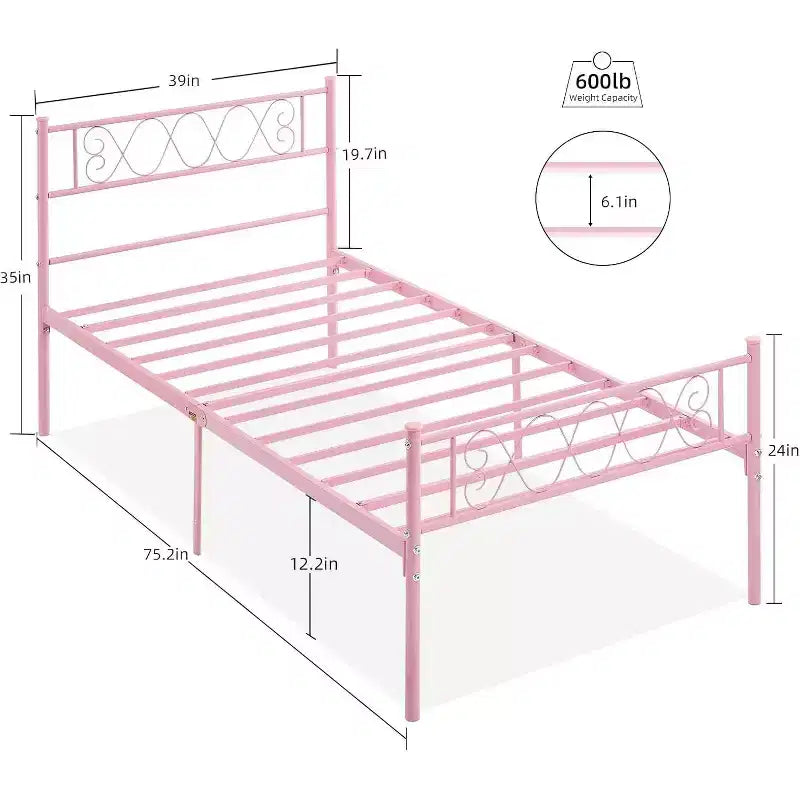 Struttura letto in metallo a una piazza con testiera e pediera a forma di cuore | 31 cm di spazio sotto il letto