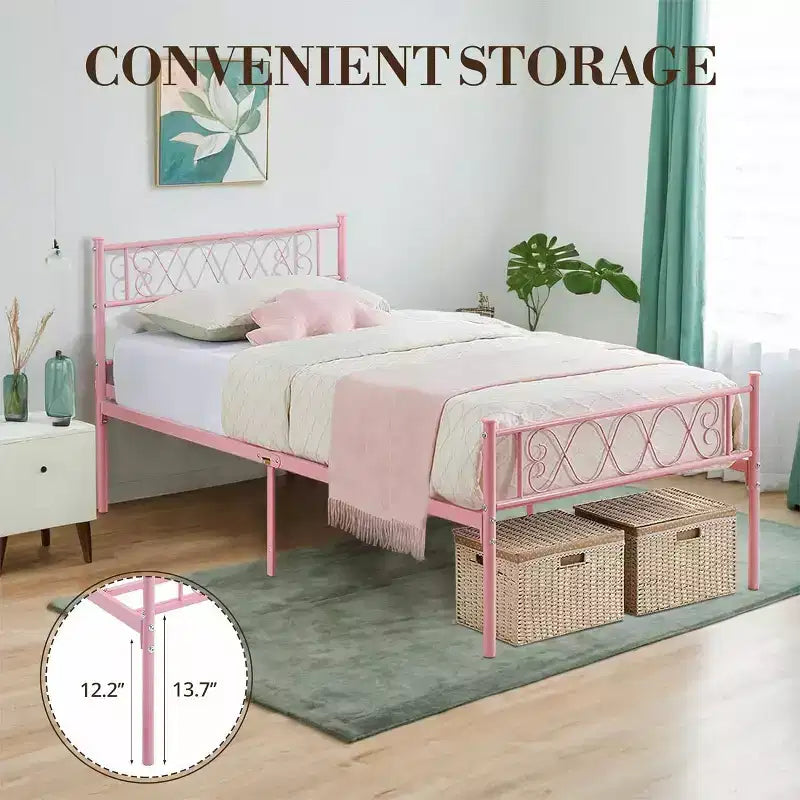 Struttura letto in metallo a una piazza con testiera e pediera a forma di cuore | 31 cm di spazio sotto il letto
