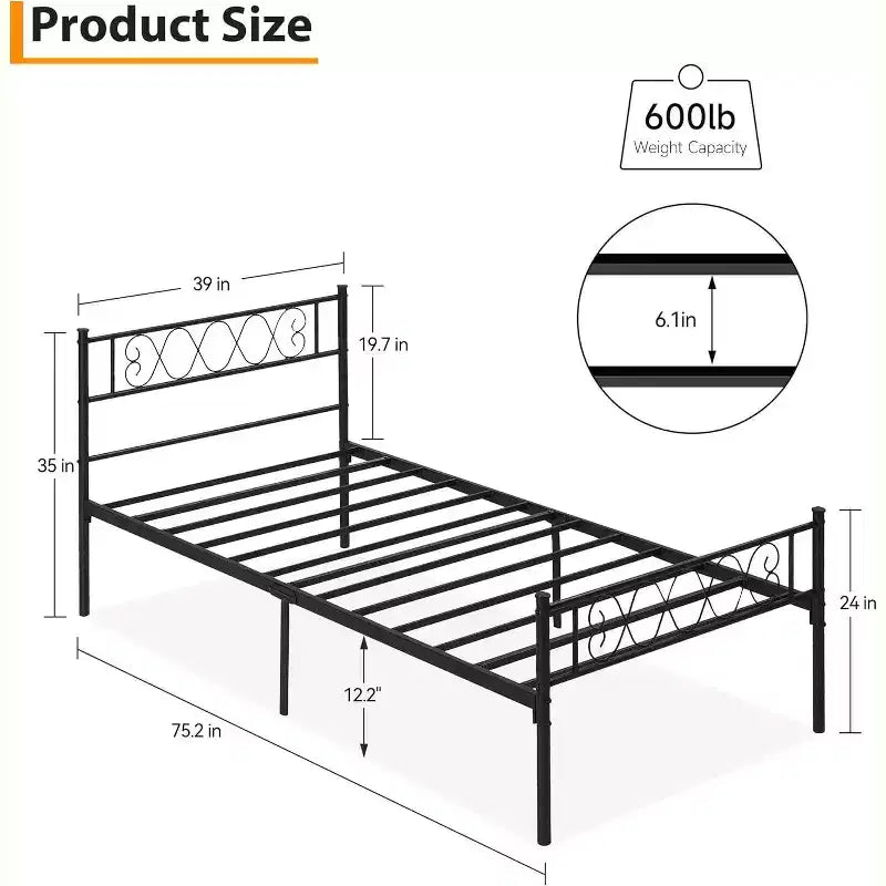 Struttura letto in metallo a una piazza con testiera e pediera a forma di cuore | 31 cm di spazio sotto il letto