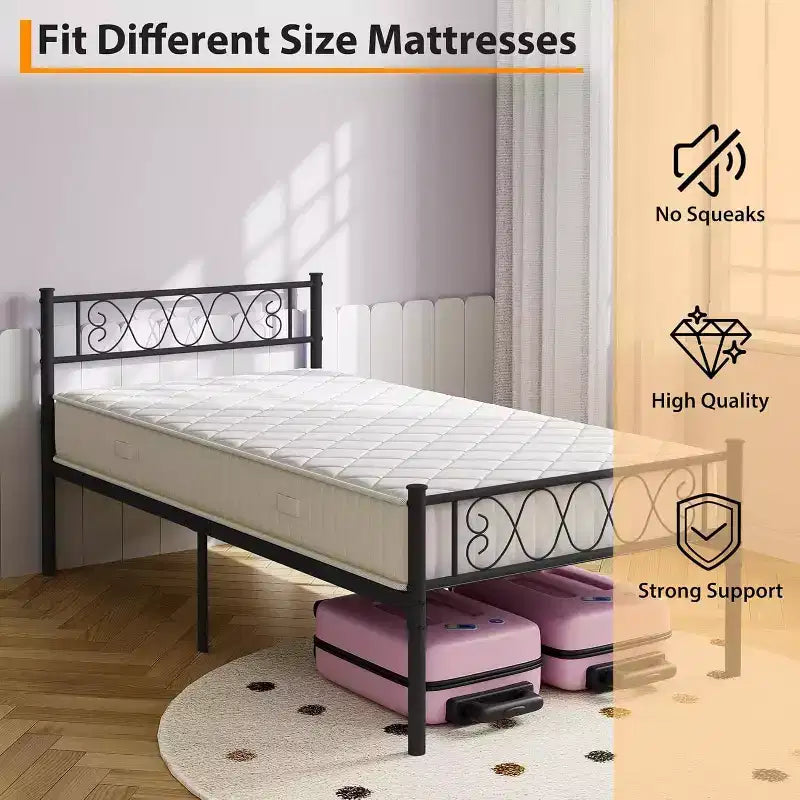 Struttura letto in metallo a una piazza con testiera e pediera a forma di cuore | 31 cm di spazio sotto il letto
