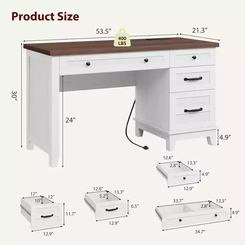 Scrivania da ufficio con cassetti e stazione di ricarica, scrivania per computer in legno da 136 cm con schedario