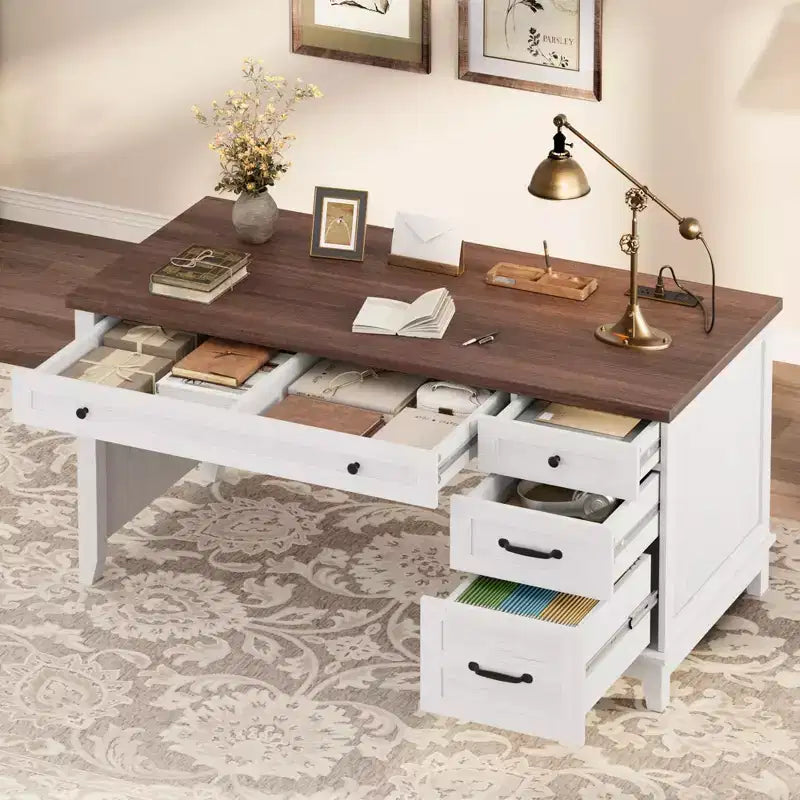Scrivania da ufficio con cassetti e stazione di ricarica, scrivania per computer in legno da 136 cm con schedario