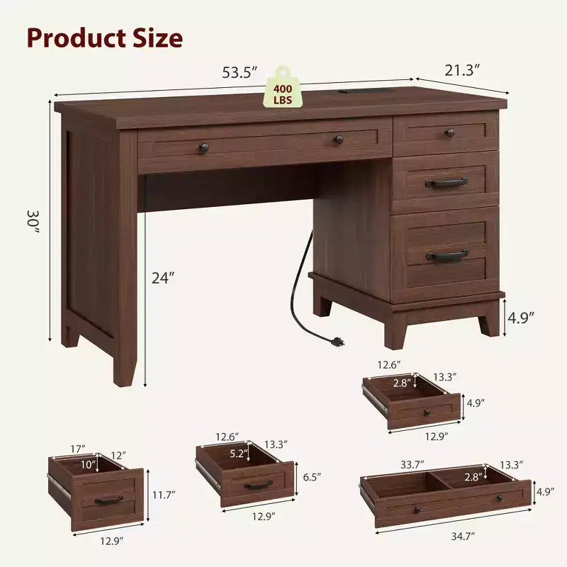 Scrivania da ufficio con cassetti e stazione di ricarica, scrivania per computer in legno da 136 cm con schedario