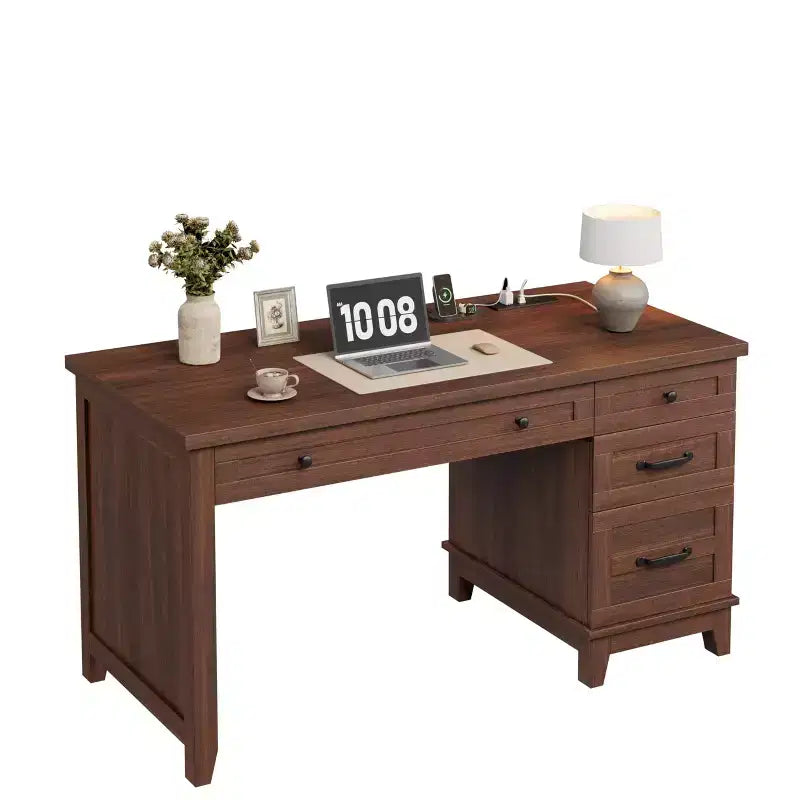 Scrivania da ufficio con cassetti e stazione di ricarica, scrivania per computer in legno da 136 cm con schedario