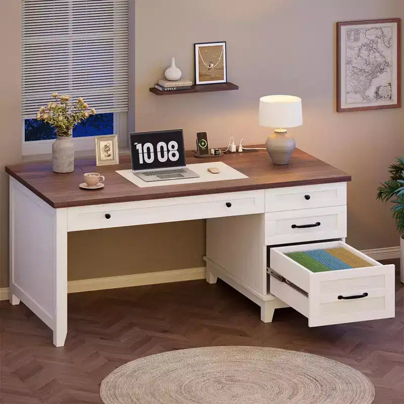 Scrivania da ufficio con cassetti e stazione di ricarica, scrivania per computer in legno da 136 cm con schedario