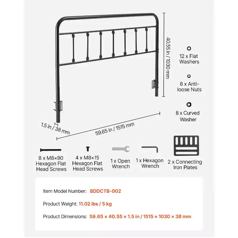 Testiera in metallo Queen Size con altezza regolabile, Nera, 151,5 cm L x 103 cm H