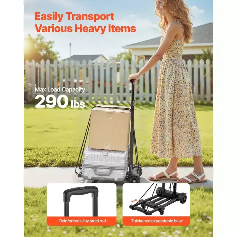 Carrello Pieghevole con 4 Ruote, Capacità 130 kg, Base Espandibile e 2 Corde Elastiche, Nero