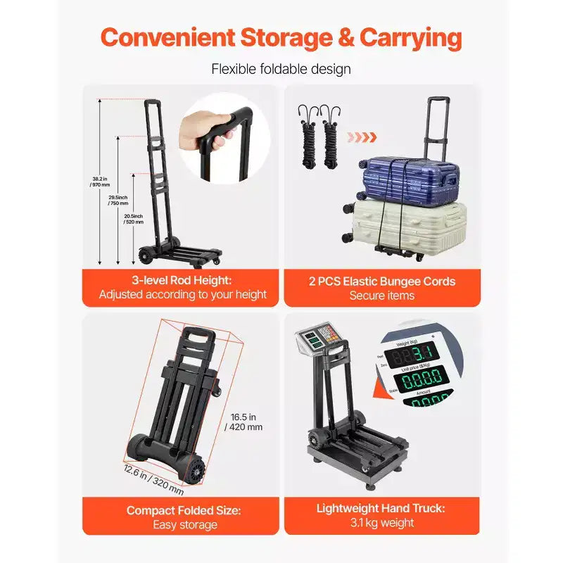 Carrello Pieghevole con 4 Ruote, Capacità 130 kg, Base Espandibile e 2 Corde Elastiche, Nero