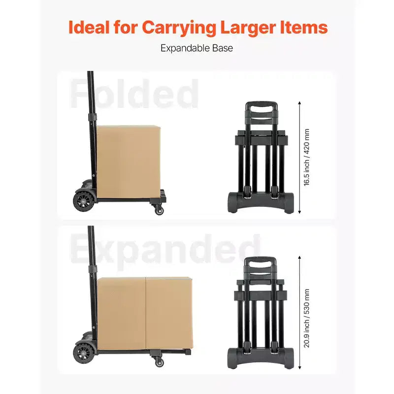 Carrello Pieghevole con 4 Ruote, Capacità 130 kg, Base Espandibile e 2 Corde Elastiche, Nero
