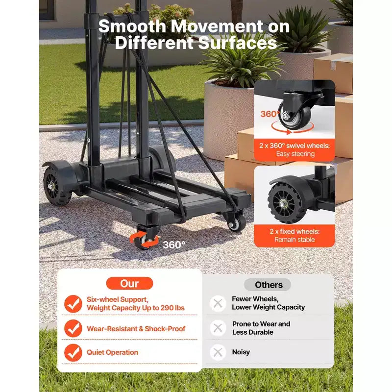 Carrello Pieghevole con 4 Ruote, Capacità 130 kg, Base Espandibile e 2 Corde Elastiche, Nero