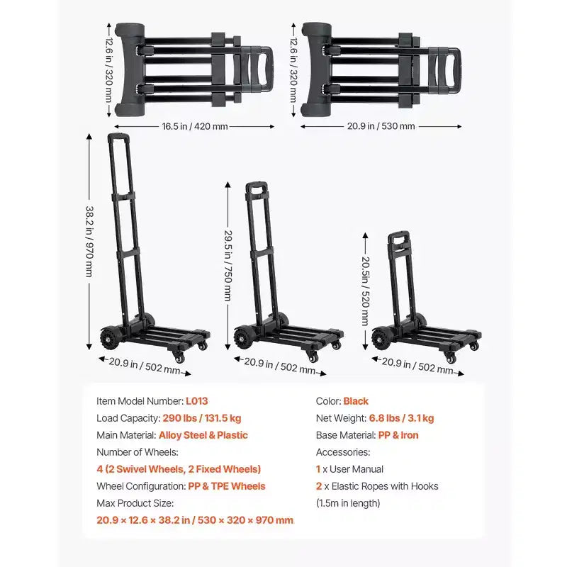 Carrello Pieghevole con 4 Ruote, Capacità 130 kg, Base Espandibile e 2 Corde Elastiche, Nero