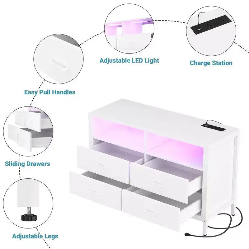 Cassettiera con luci LED e prese di corrente, mobile TV a 4 cassetti per camera da letto