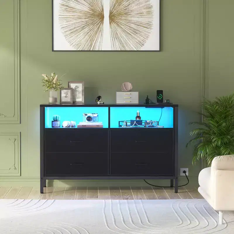 Cassettiera con luci LED e prese di corrente, mobile TV a 4 cassetti per camera da letto