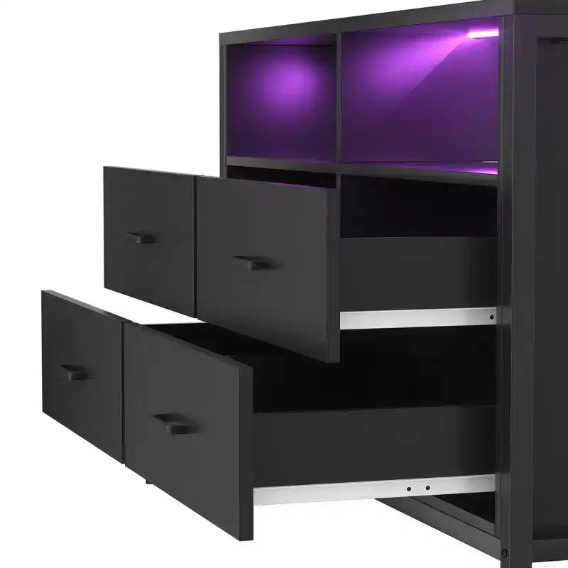 Cassettiera con luci LED e prese di corrente, mobile TV a 4 cassetti per camera da letto
