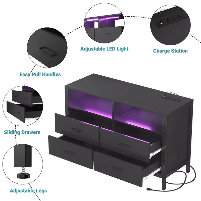 Cassettiera con luci LED e prese di corrente, mobile TV a 4 cassetti per camera da letto