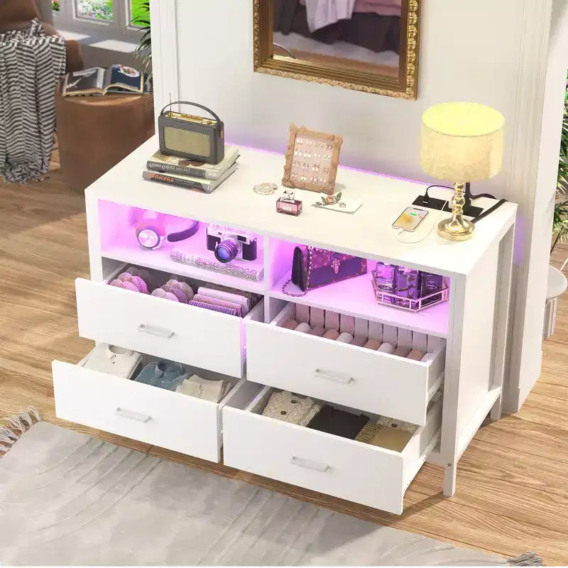 Cassettiera con luci LED e prese di corrente, mobile TV a 4 cassetti per camera da letto
