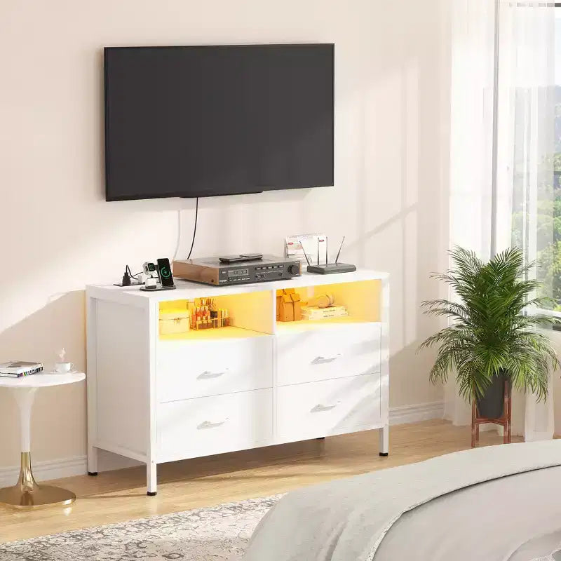 Cassettiera con luci LED e prese di corrente, mobile TV a 4 cassetti per camera da letto