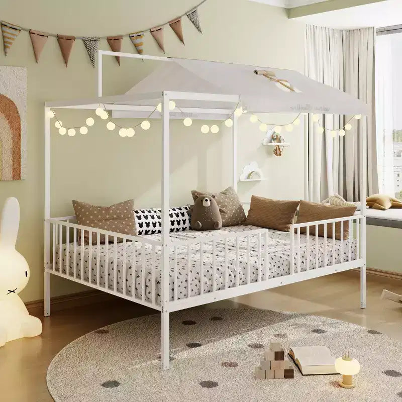 Letto per bambini 3-in-1 Moderno Minimalista con Telaio a Baldacchino e Doghe in Metallo, Misura Singola e Doppia
